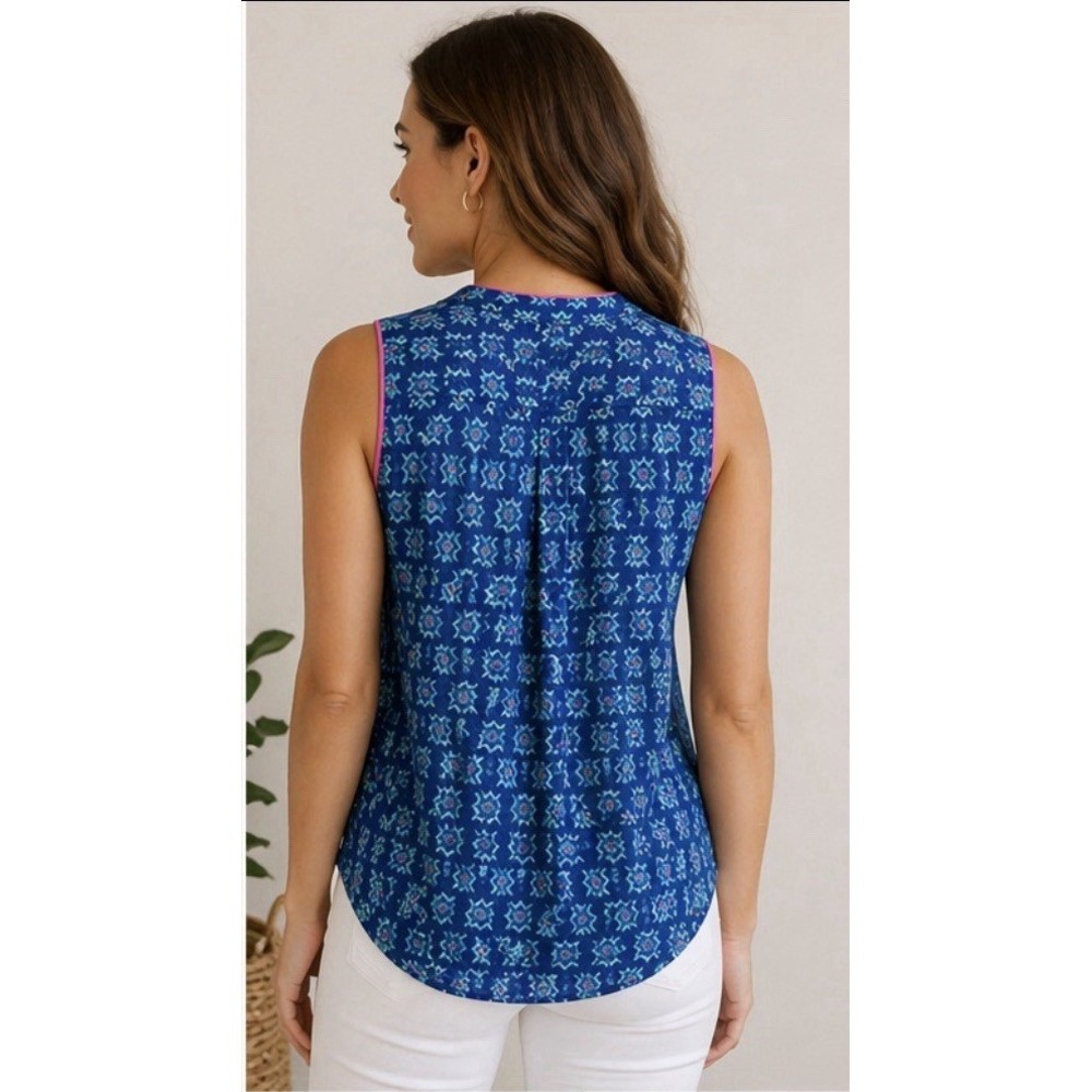 Maeve Anthropologie Ada Swing Blouse Women's 4 Blue Pink Aztec Sleeveless - Picture 2 of 10